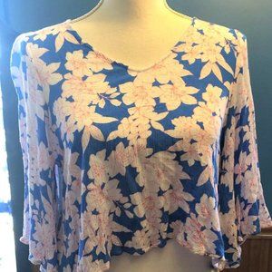 Floral Gauze Crop Top ~ Two Third Sleeve ~ Blue Pink White Baby Doll Shirt